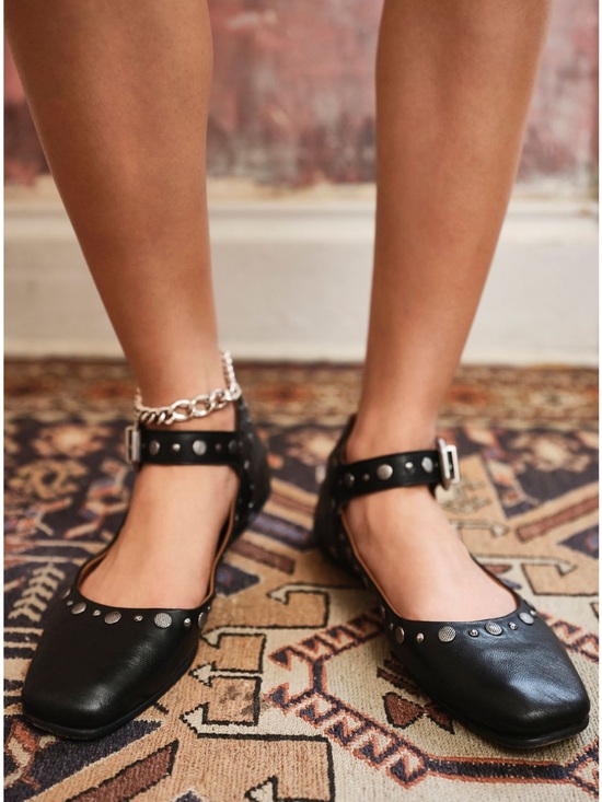 Free People Shoes - Free People Studded Black Leather Ankle-Strap Flats
